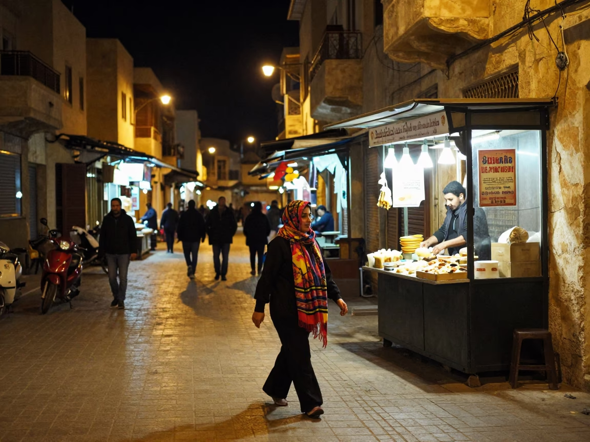 Nighttime Alexandria Egypt Street Scene with Scarf and Busy Local Atmosphere in in Alexandria, Egypt