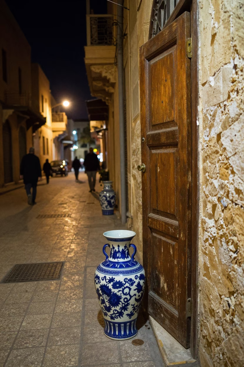 Nighttime Alexandria Street Scene with Blue Porcelain Jar and Hinge Detail in in Alexandria, Egypt