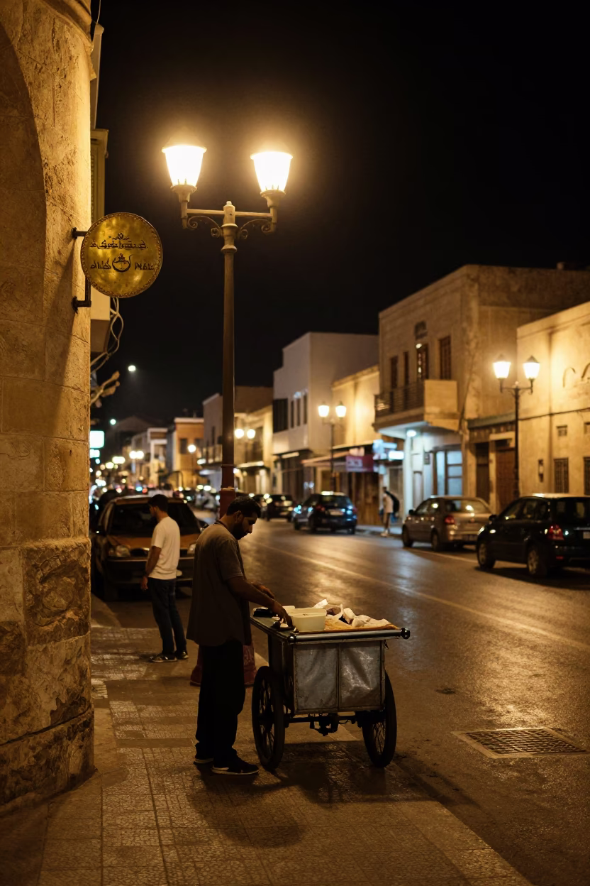 Nighttime Alexandria Street Scene with Brass Escutcheon and Local Food Vendor in in Alexandria, Egypt