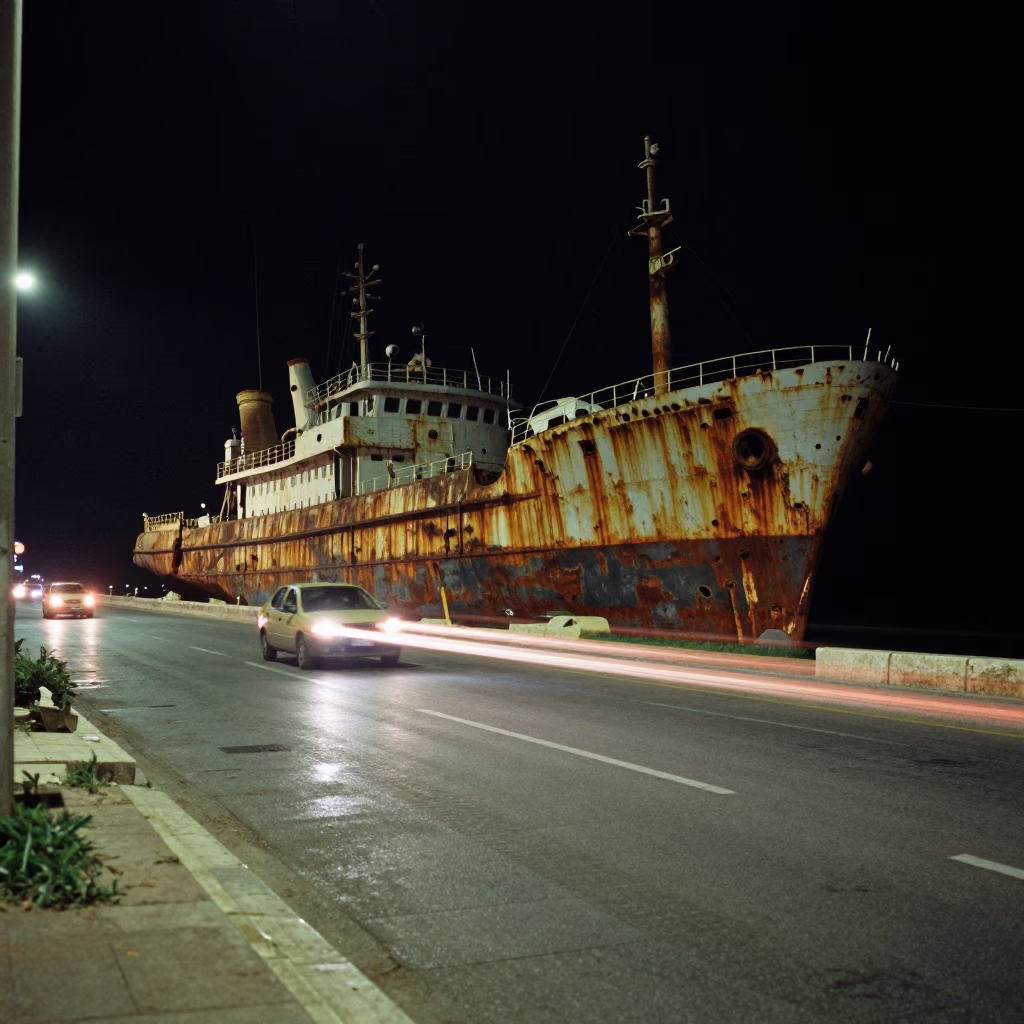 Nighttime Alexandria Street Scene with Rusting Ship and Taillight Streaks in in Alexandria, Egypt