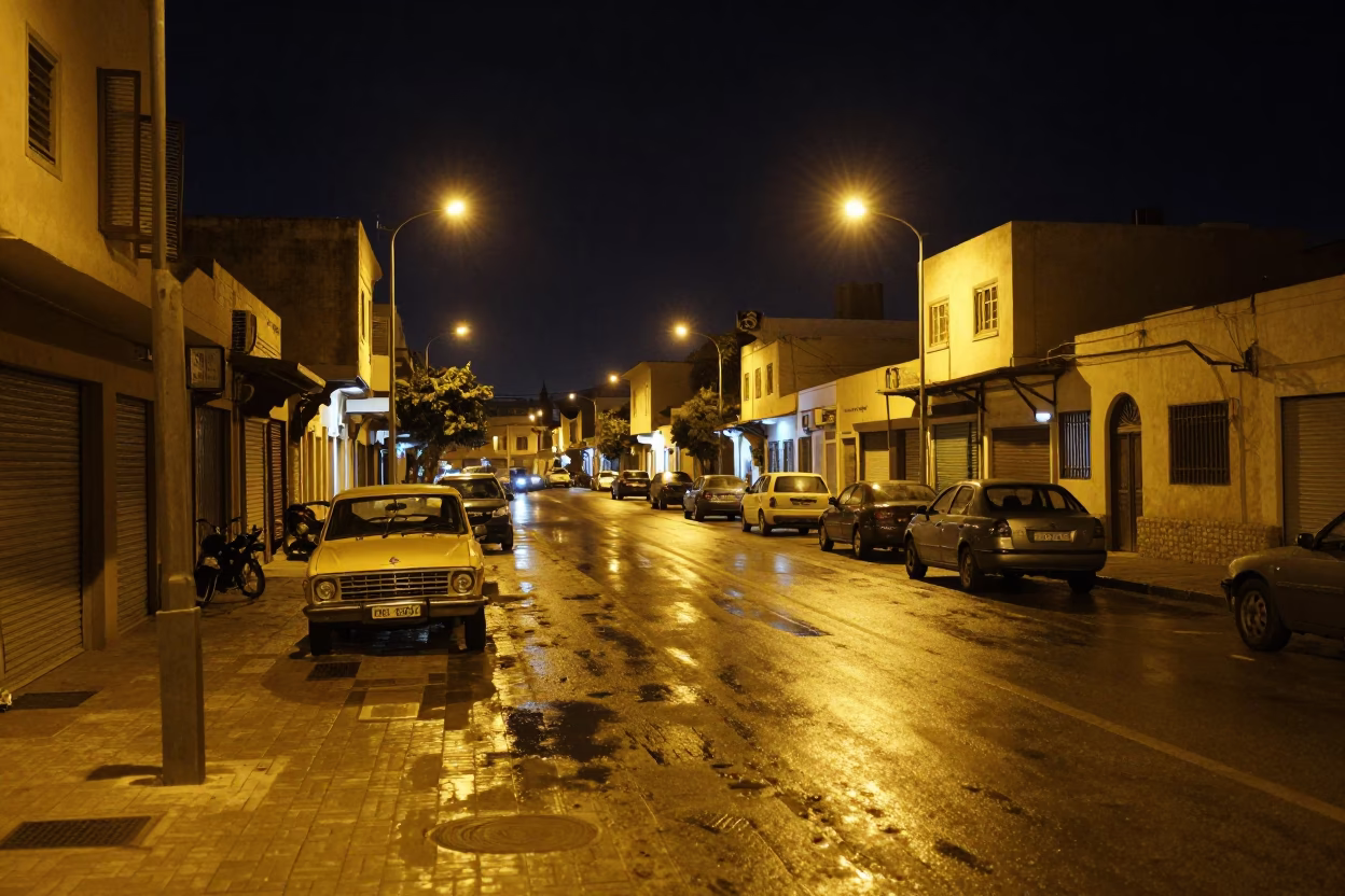 Nighttime Alexandria Street Scene with Vintage Car and Local Interaction in in Alexandria, Egypt
