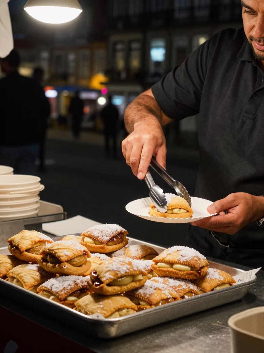 Nighttime Alfajores and Tongs at Porto Portugal Street Stall in in Porto, Portugal