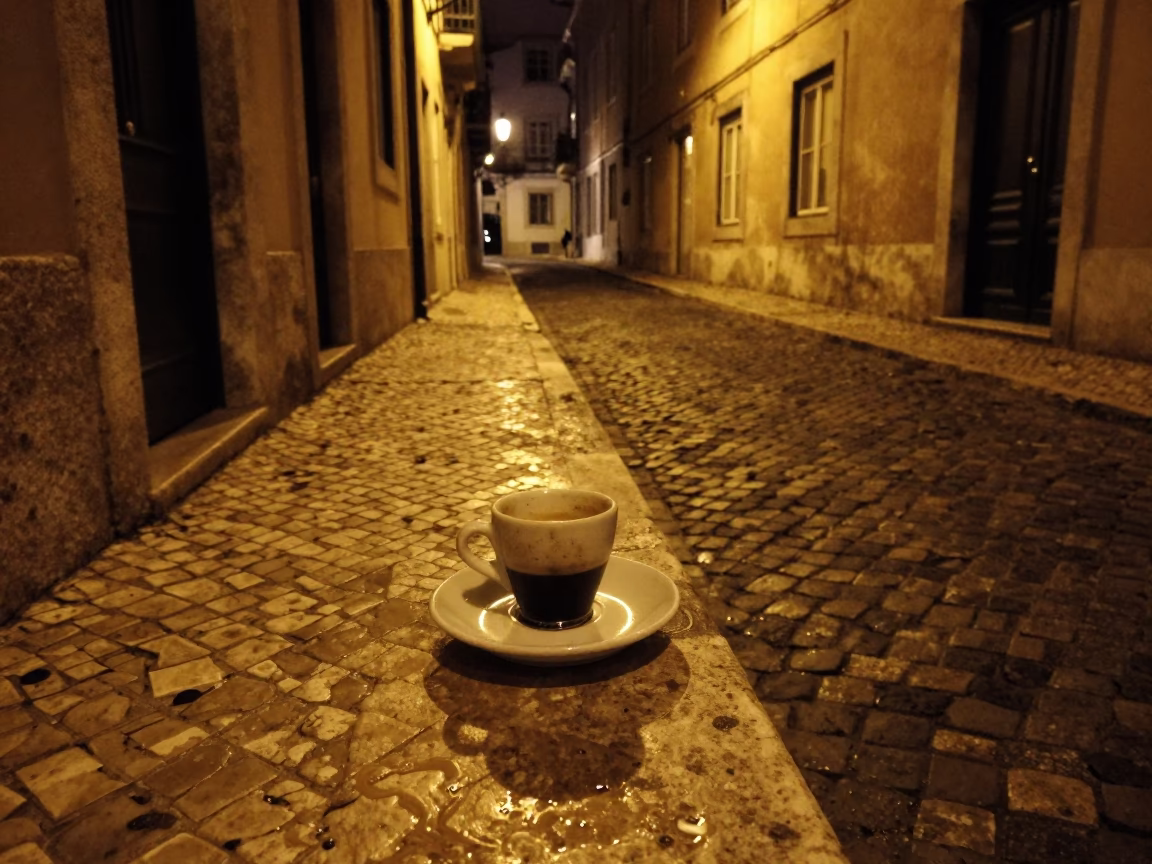 Nighttime Alleyway in Lisbon Portugal with Espresso Cup and Water Rings on Stone in in Lisbon, Portugal