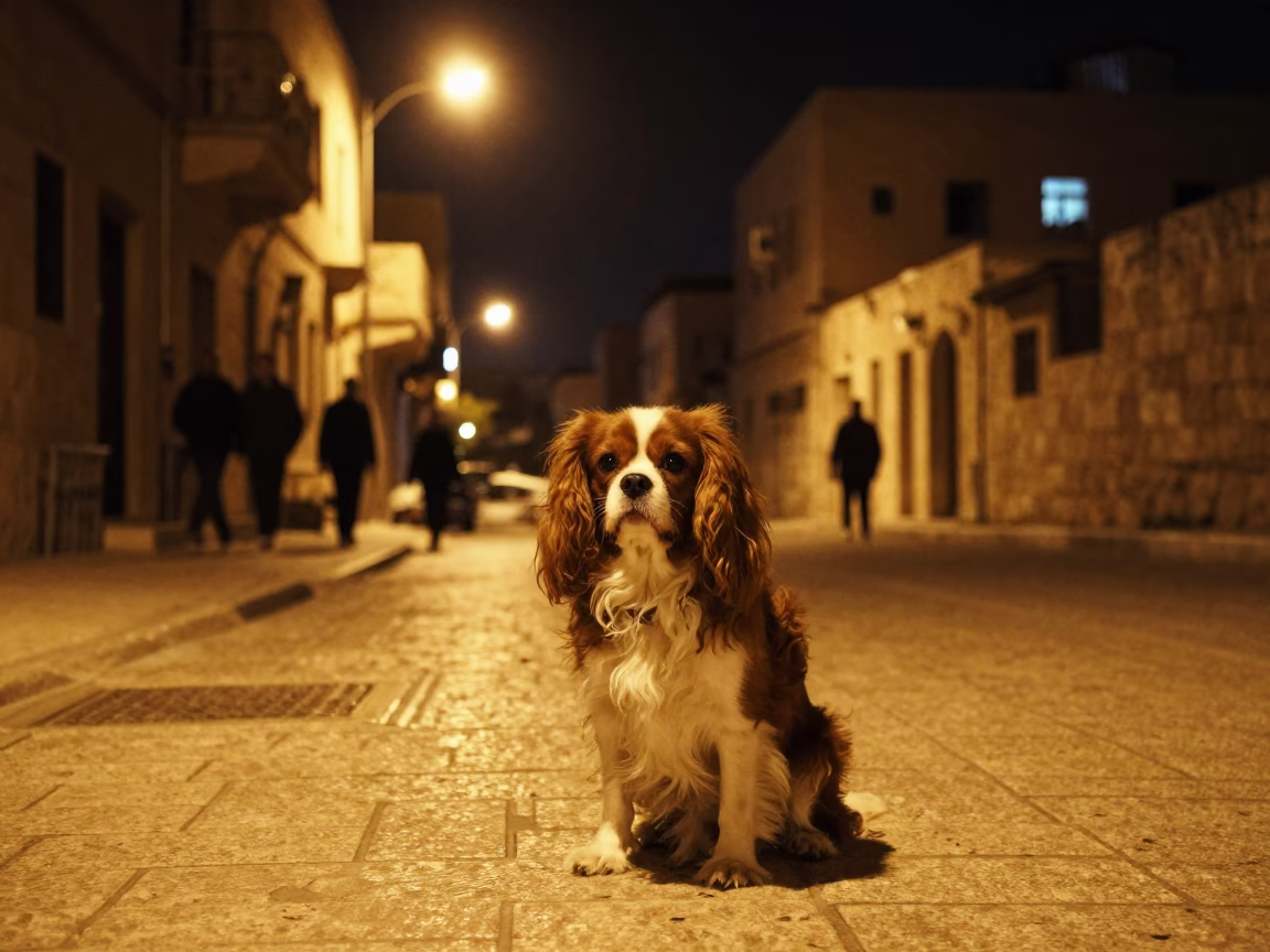 Nighttime Amman Street Scene with Cavalier King Charles Spaniel and Local Architecture in in Amman, Jordan