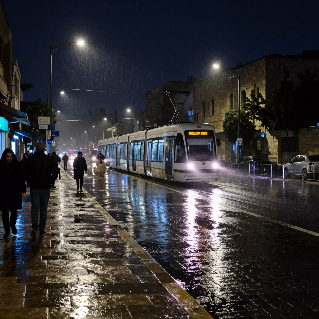 Nighttime Amman Street Scene with Tram Reflection and Rain on Cobblestones in in Amman, Jordan