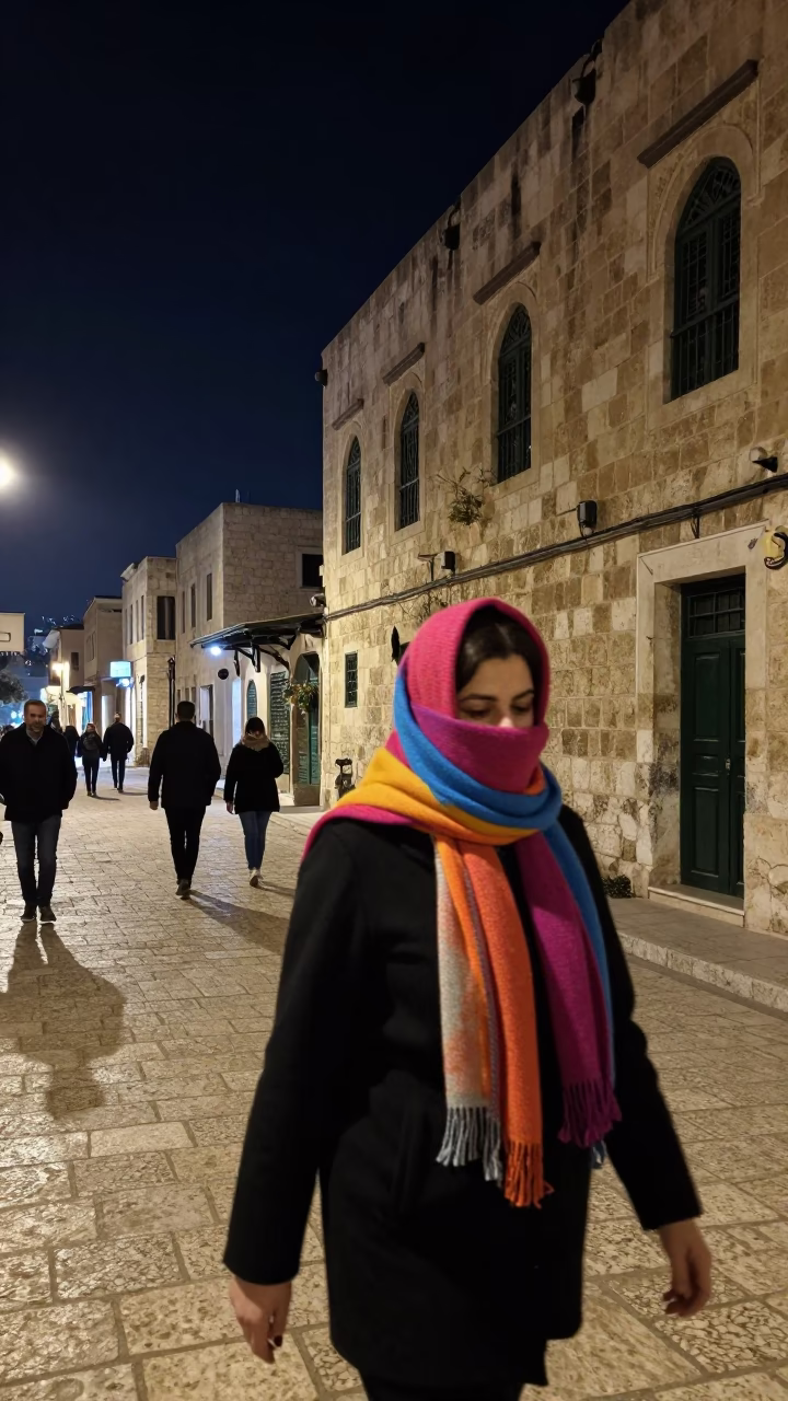 Nighttime Amman Street Scene with Wool Scarves and Urban Architecture in in Amman, Jordan
