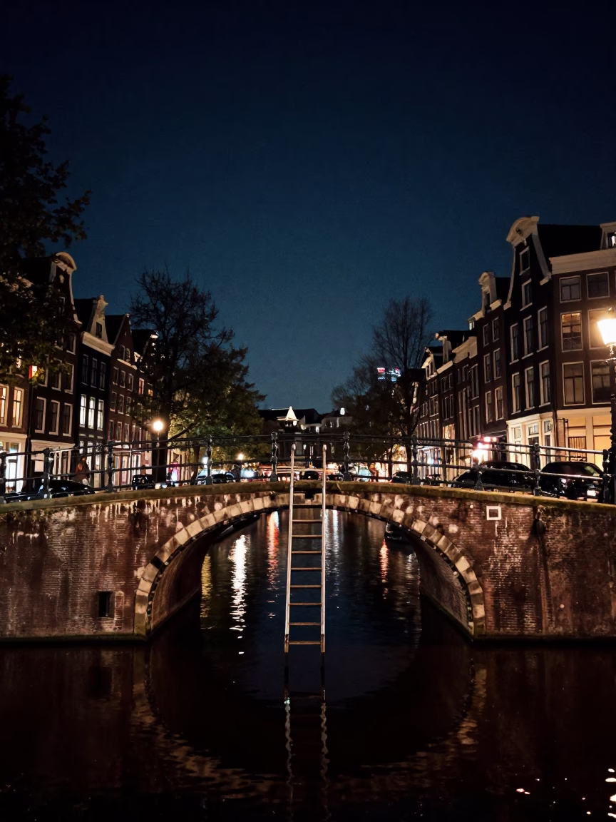 Nighttime Amsterdam Canal Bridge Ladder Reflections Under Deep Sky in in Amsterdam, Netherlands