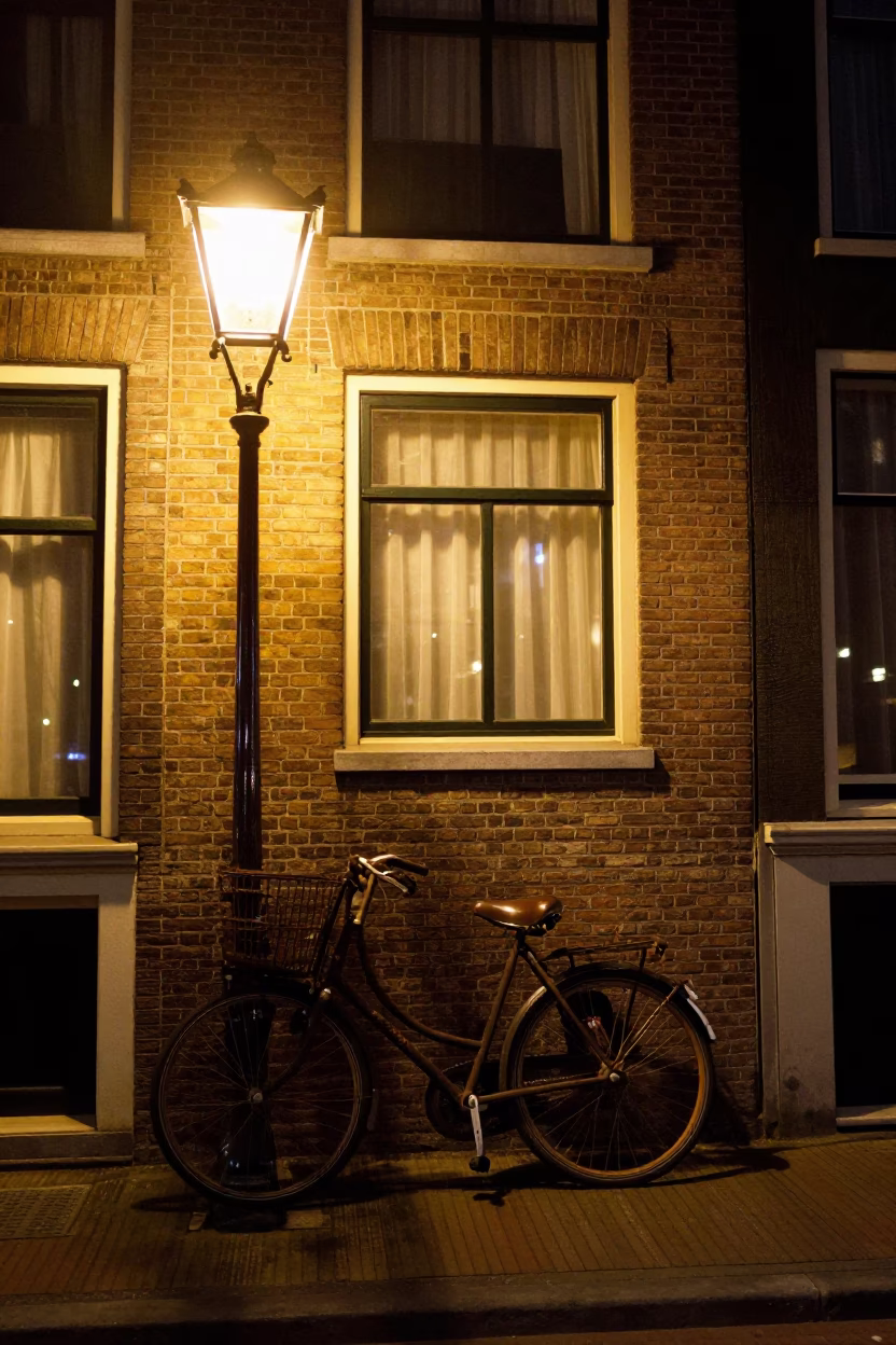 Nighttime Amsterdam Canal House Facade with Vintage Bicycle and Cobblestone Street Detail in in Amsterdam, Netherlands