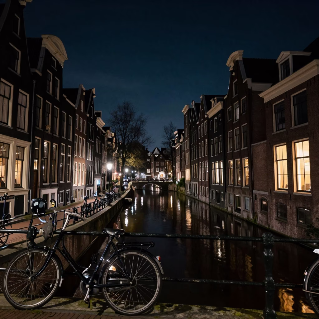 Nighttime Amsterdam Canal Scene with Bicycle and Glowing Window Light in in Amsterdam, Netherlands