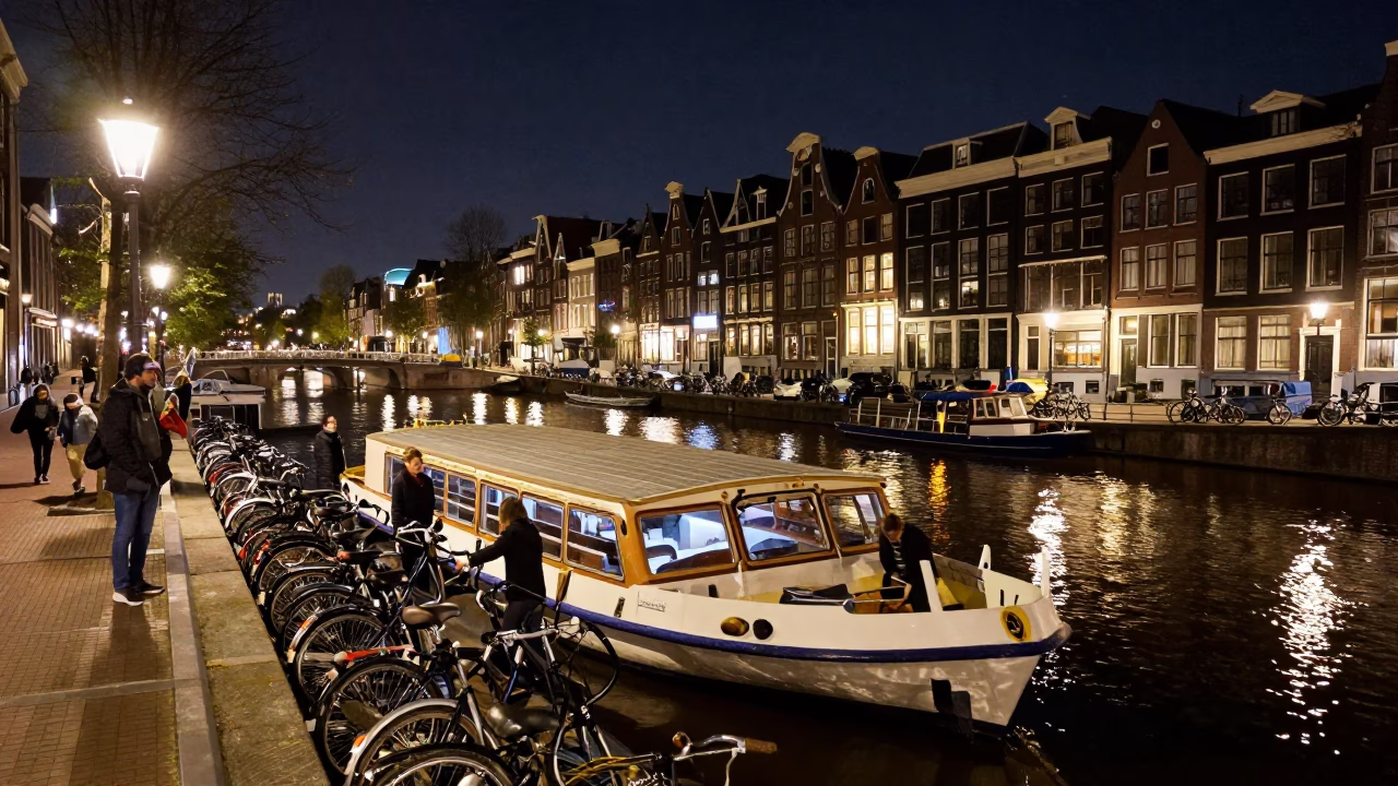 Nighttime Amsterdam Canal Scene with Ferry Loading Bicycles and Cyclists Under Streetlights in in Amsterdam, Netherlands