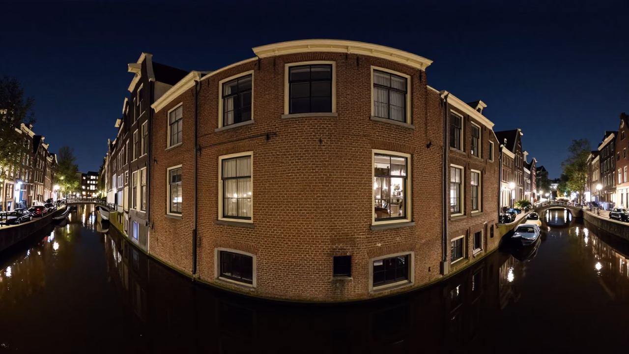 Nighttime Amsterdam Canal Scene with Lit Brick Building and Wet Cobblestone Reflections in in Amsterdam, Netherlands
