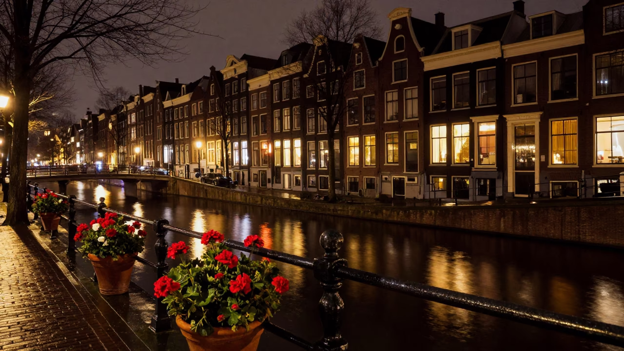 Nighttime Amsterdam Canal Scene with Potted Geraniums and Wet Cobblestones in in Amsterdam, Netherlands