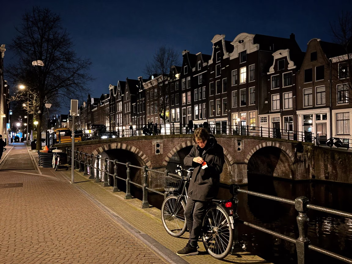 Nighttime Amsterdam Canal Street Scene with Railway Viaduct Arches and Local Pedestrians in in Amsterdam, Netherlands