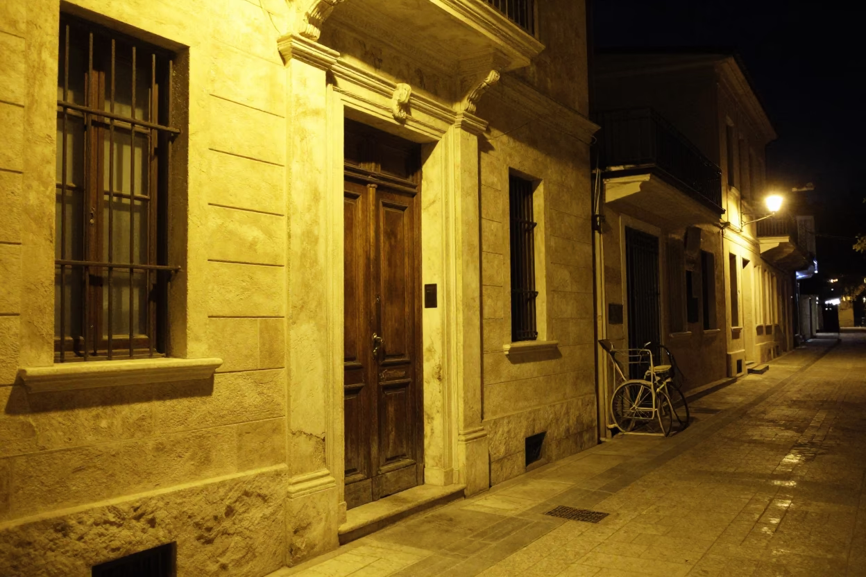 Nighttime Athens Street Scene with Brass Accents and Local Urban Details in in Athens, Greece