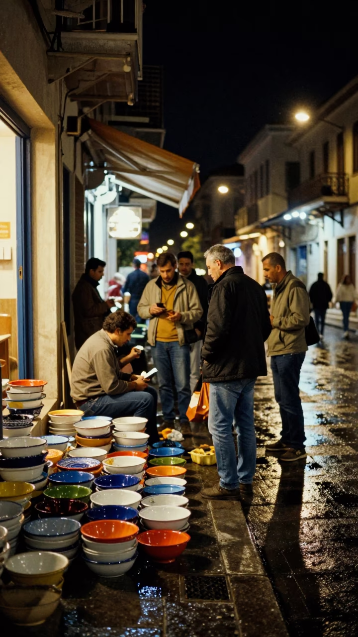 Nighttime Athens Street Scene with Colorful Enamel Bowls and Raincoats in in Athens, Greece