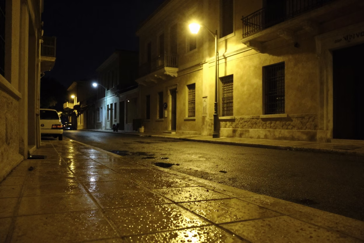 Nighttime Athens Street Scene with Condensation on Tile and Geraniums in in Athens, Greece