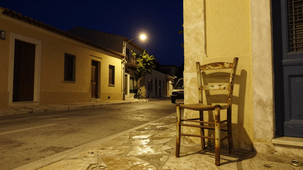 Nighttime Athens Street Scene with Ladder-Back Chair and Rusty Doorframe Under Starry Sky in in Athens, Greece