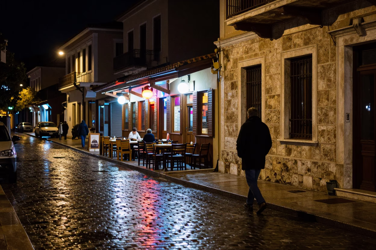 Nighttime Athens Street Scene with Neon Lights and Urban Architecture in Greece in in Athens, Greece