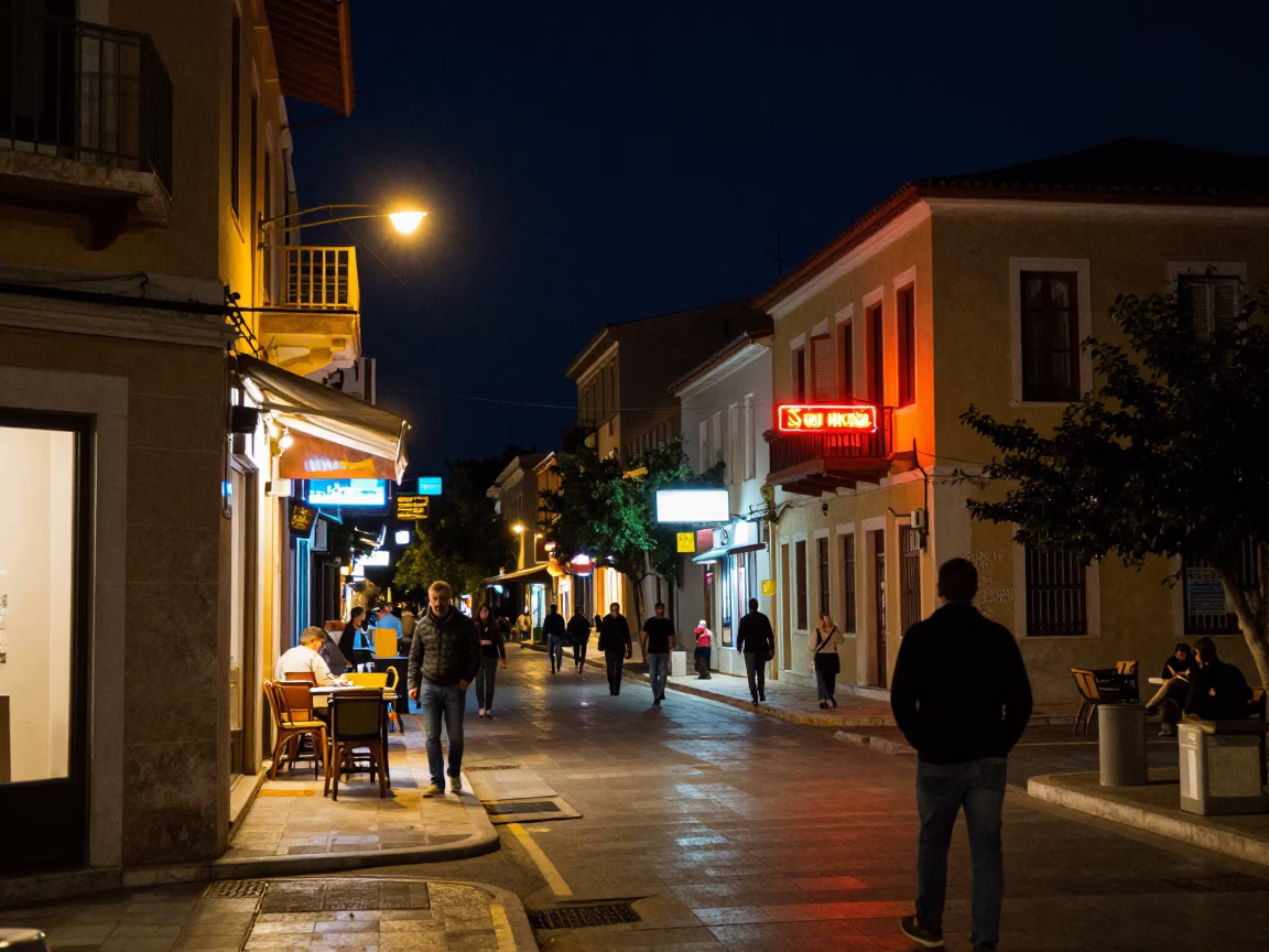 Nighttime Athens Street Scene with Neon Signs and Pedestrians Under Deep Night Sky in in Athens, Greece