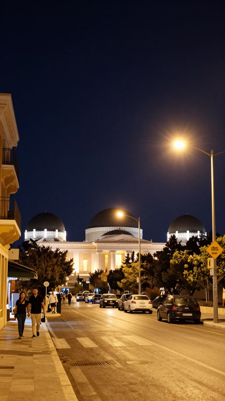 Nighttime Athens Street Scene with Observatory Dome and Starry Sky in in Athens, Greece