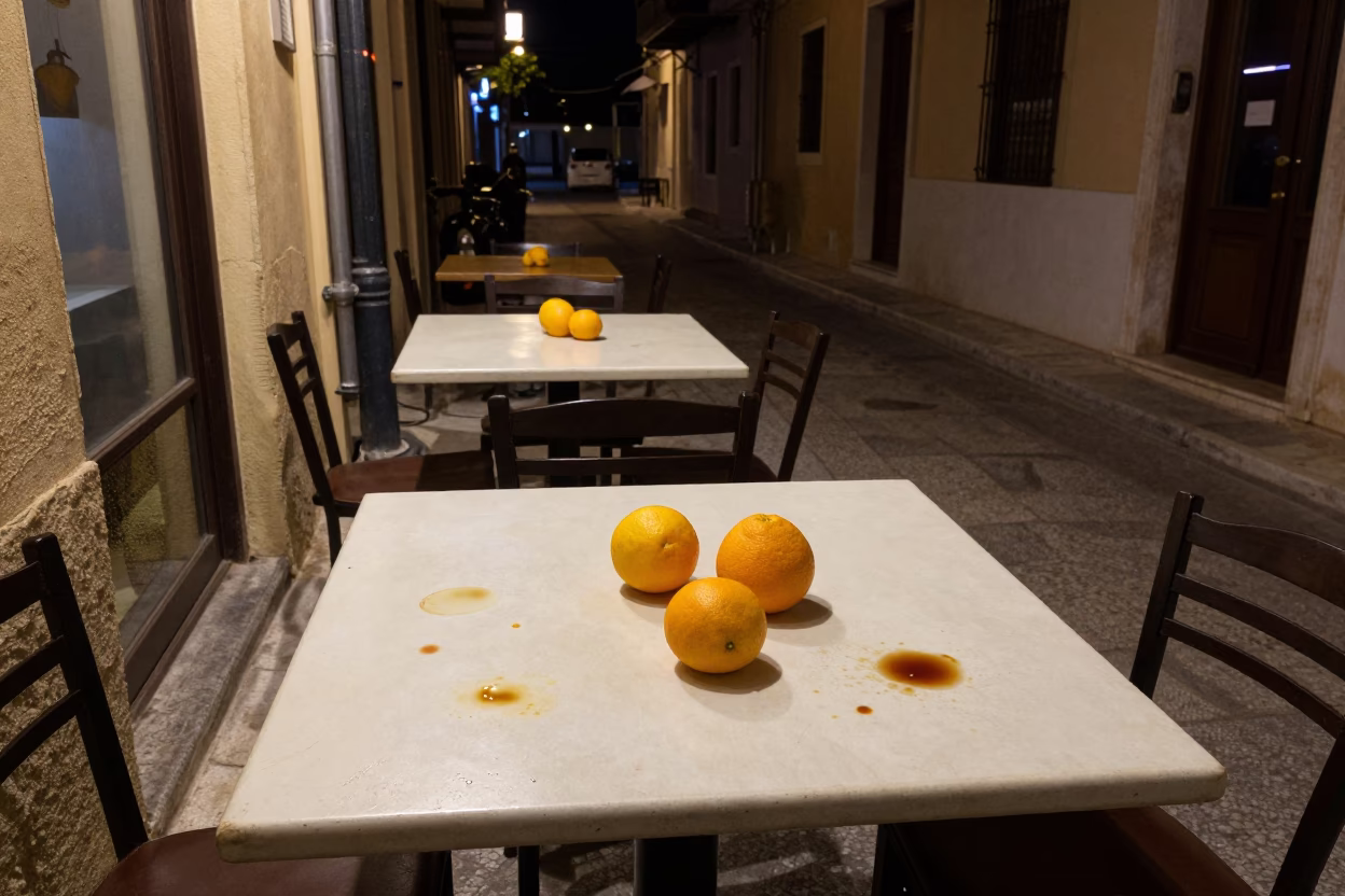 Nighttime Athens Street Scene with Oranges and Tea Stains on Table in in Athens, Greece