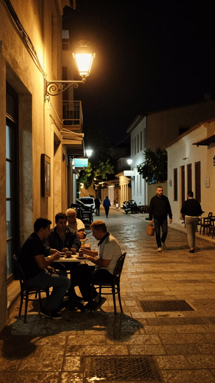 Nighttime Athens Street Scene with Traditional Greek Coffee and Urban Lighting in in Athens, Greece
