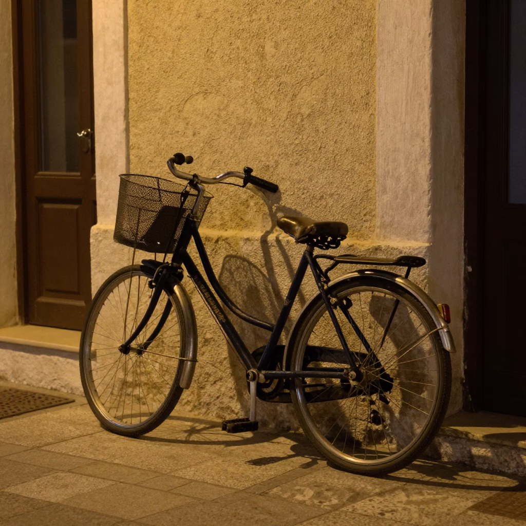 Nighttime Athens Street Scene with Vintage Bicycle Basket and Substation Insulators in in Athens, Greece