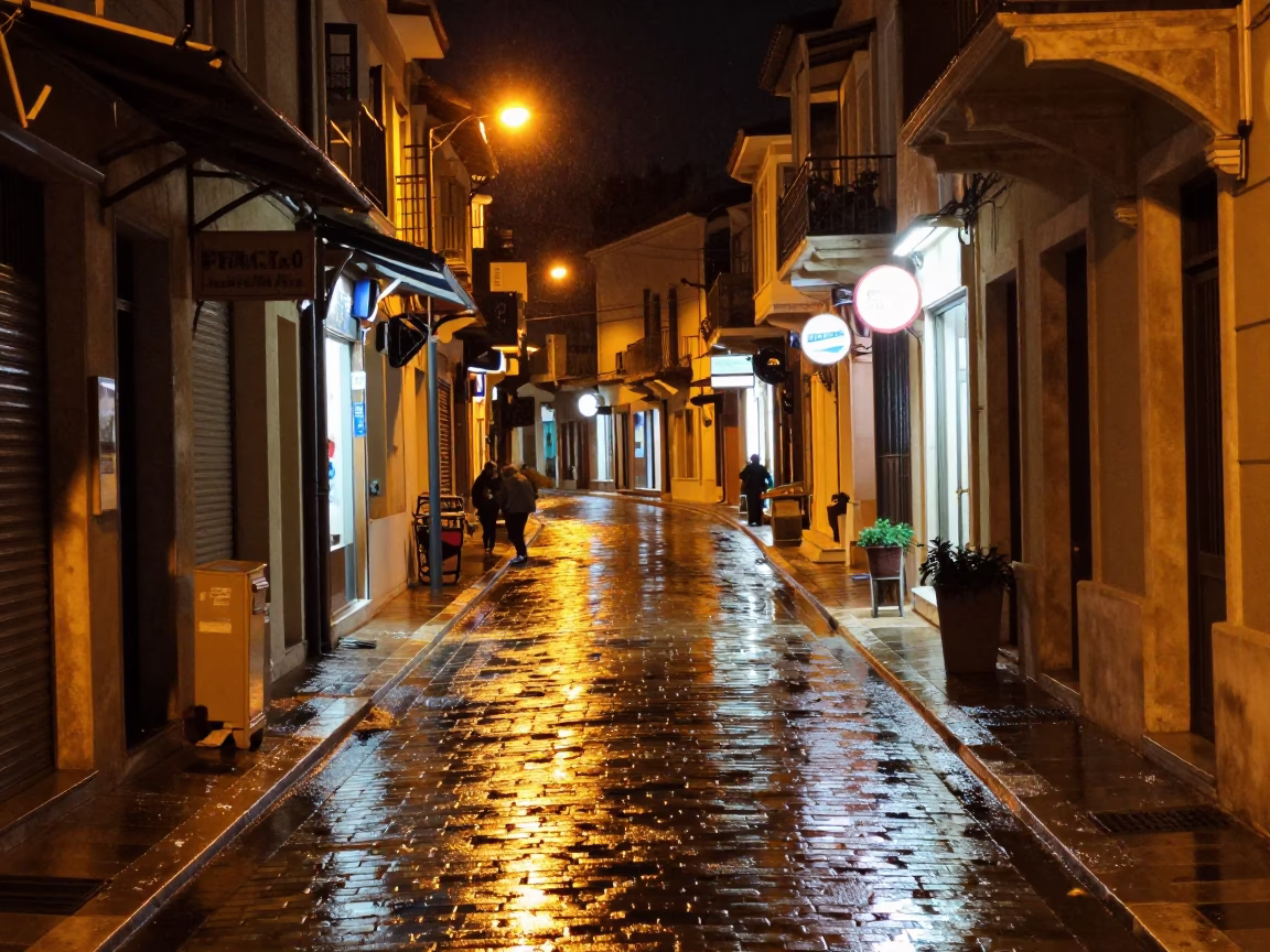 Nighttime Athens Street Scene with Wet Pavement and Neon Reflections in in Athens, Greece