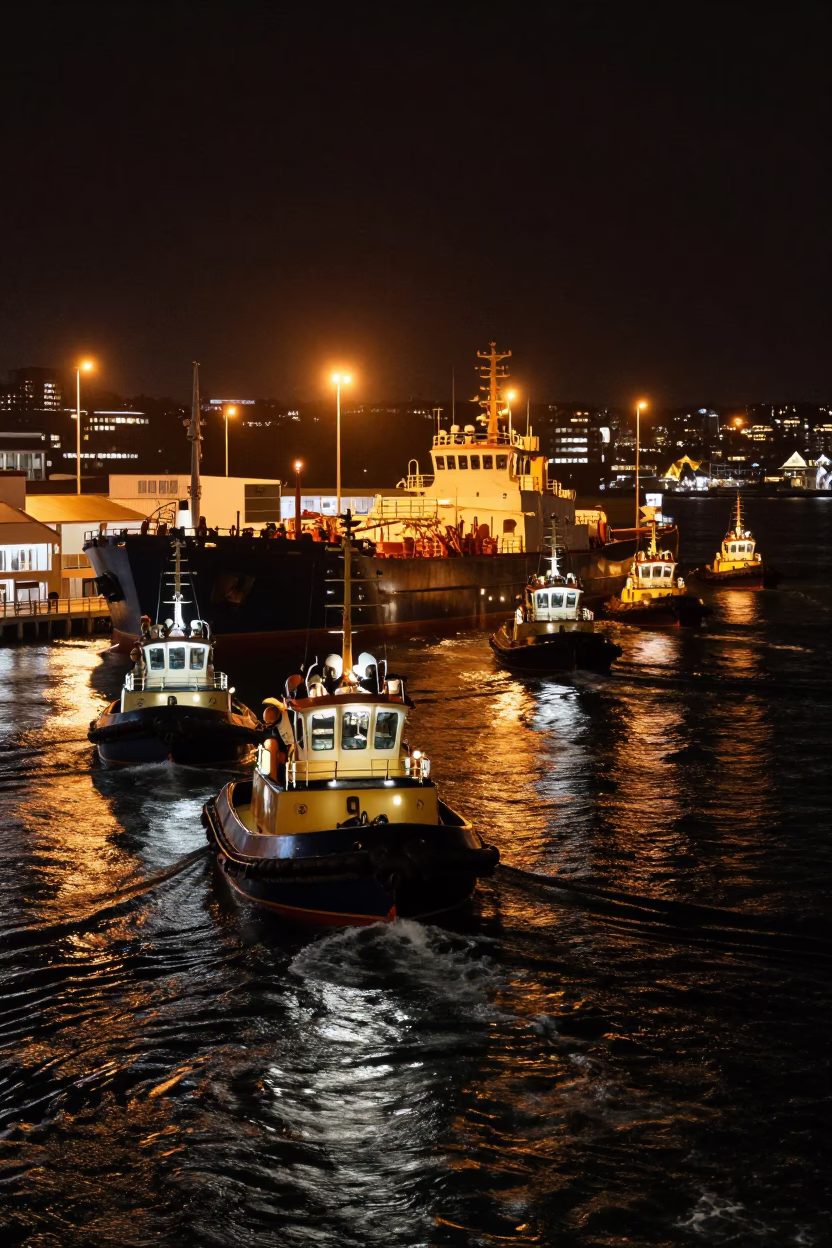 Nighttime Auckland Harbor Tugboat Fleet Guiding Tanker Under Streetlights in in Auckland, New Zealand