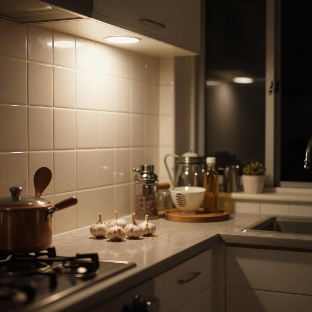 Nighttime Auckland Kitchen Scene with Apron and Garlic Bulbs on Linen in in Auckland, New Zealand