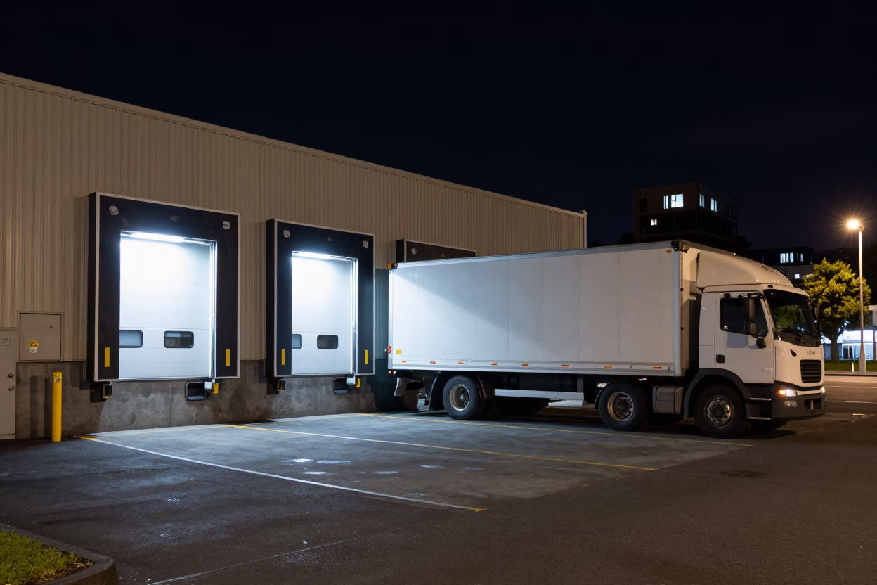 Nighttime Auckland Loading Dock Semi-Trailer Urban Industrial Street Scene in in Auckland, New Zealand