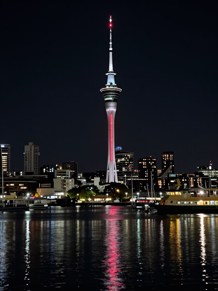 Nighttime Auckland Sky Tower Illumination and Ferry Dock Reflections in in Auckland, New Zealand