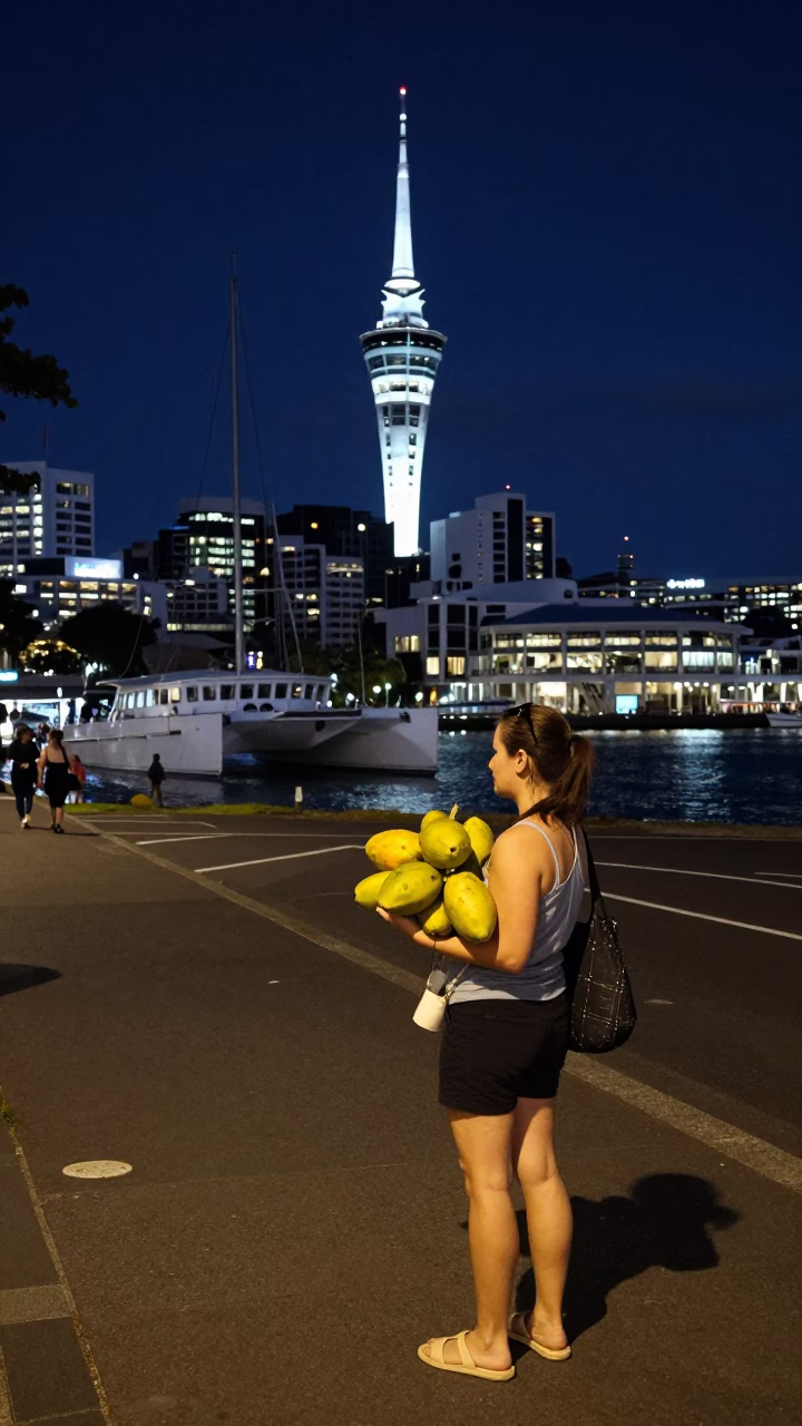 Nighttime Auckland Street Scene with Catamaran and Papayas in in Auckland, New Zealand