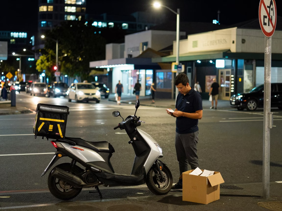 Nighttime Auckland Street Scene with Food Delivery and Urban Activity in in Auckland, New Zealand