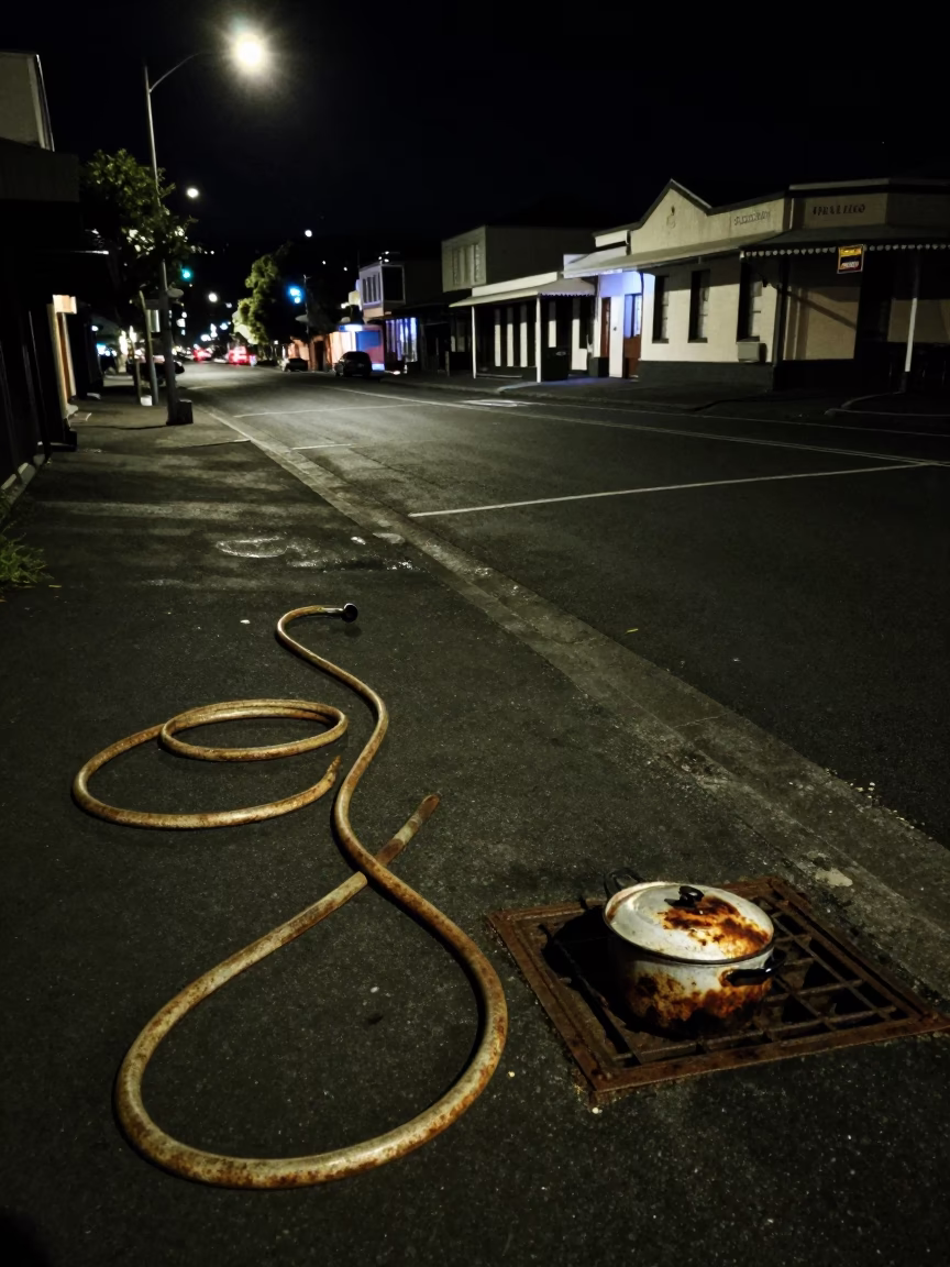 Nighttime Auckland Street Scene with Garden Hose and Saucepan Near Harbor in in Auckland, New Zealand