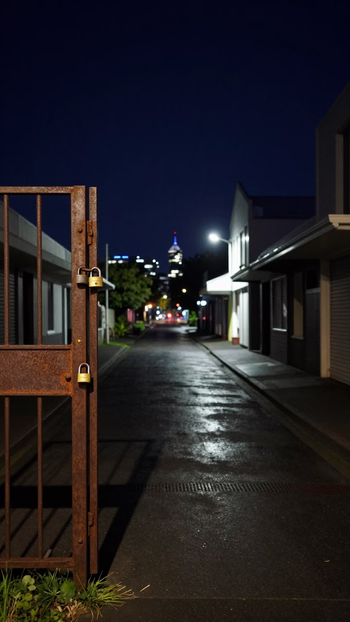 Nighttime Auckland Street Scene with Padlock on Rusty Gate Under Deep Sky in in Auckland, New Zealand