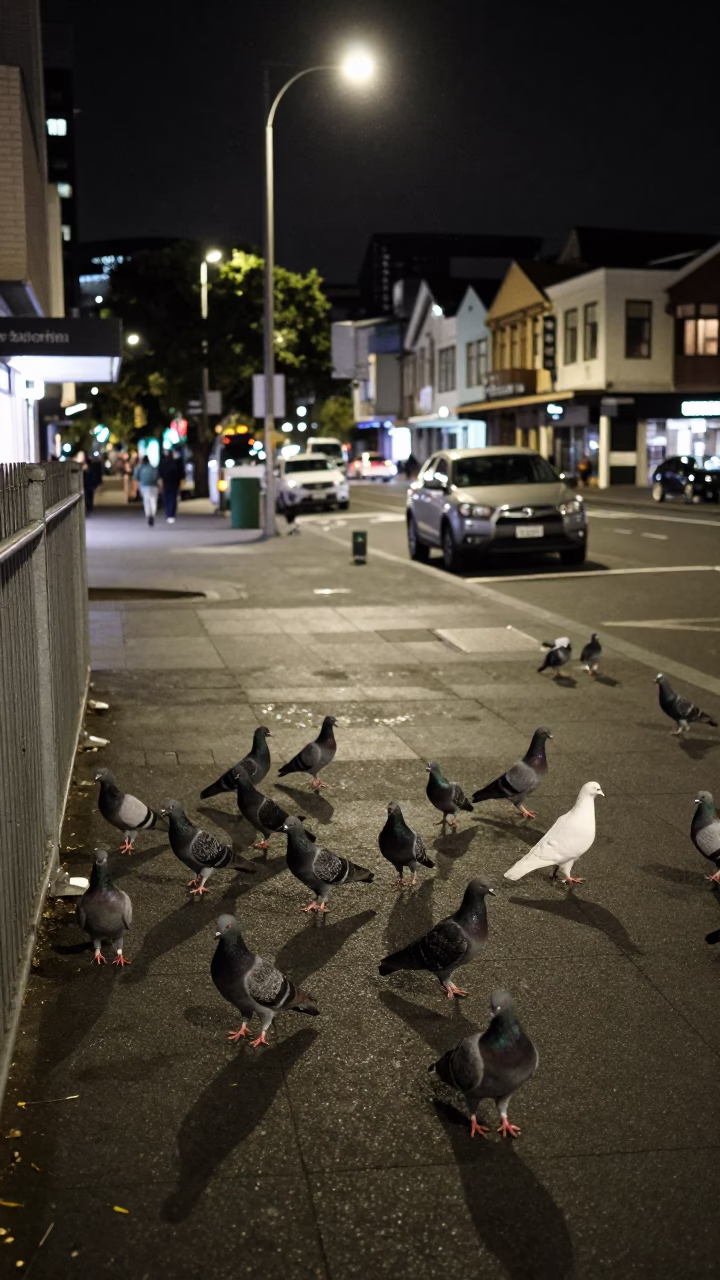 Nighttime Auckland Street Scene with Pigeons and Urban Infrastructure in in Auckland, New Zealand