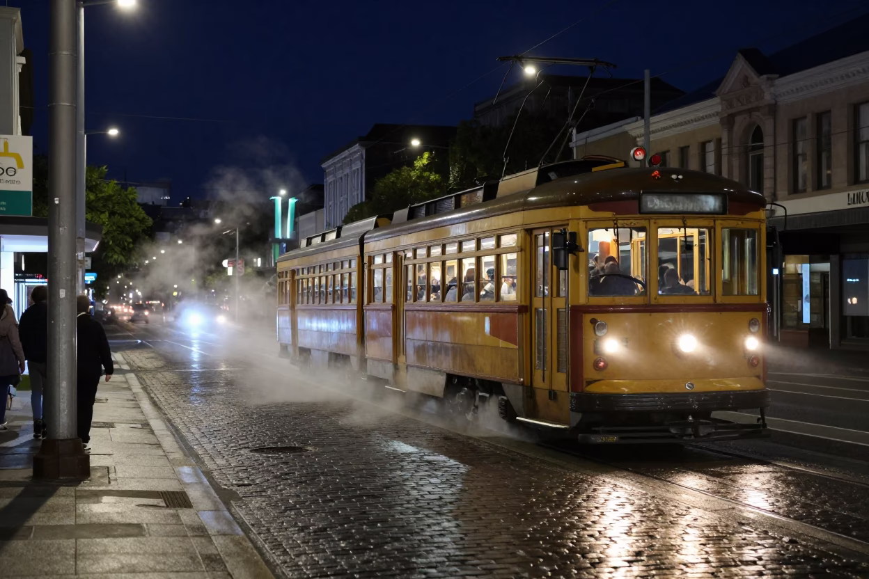 Nighttime Auckland Street Scene with Tram and Urban Details in in Auckland, New Zealand