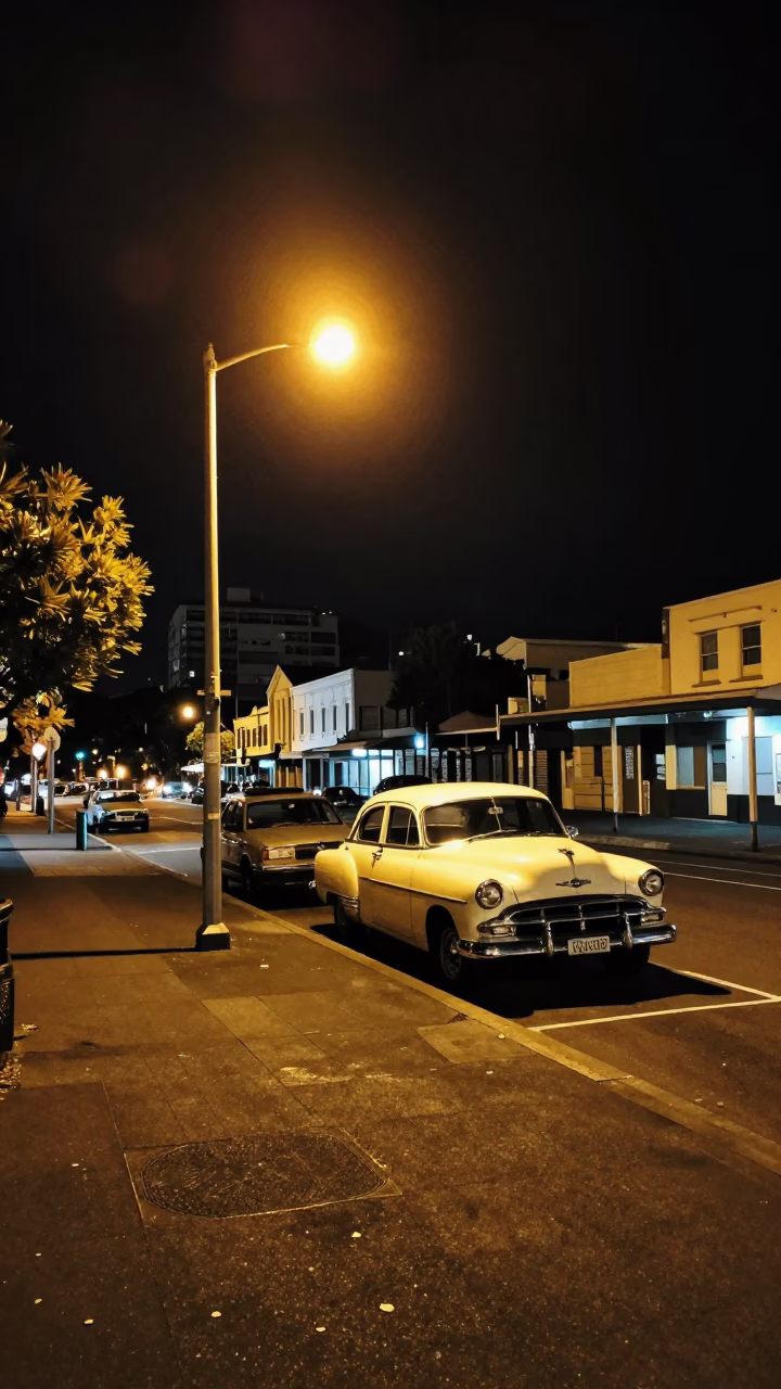 Nighttime Auckland Street Scene with Vintage 1950s Atmosphere and Local Urban Details in in Auckland, New Zealand