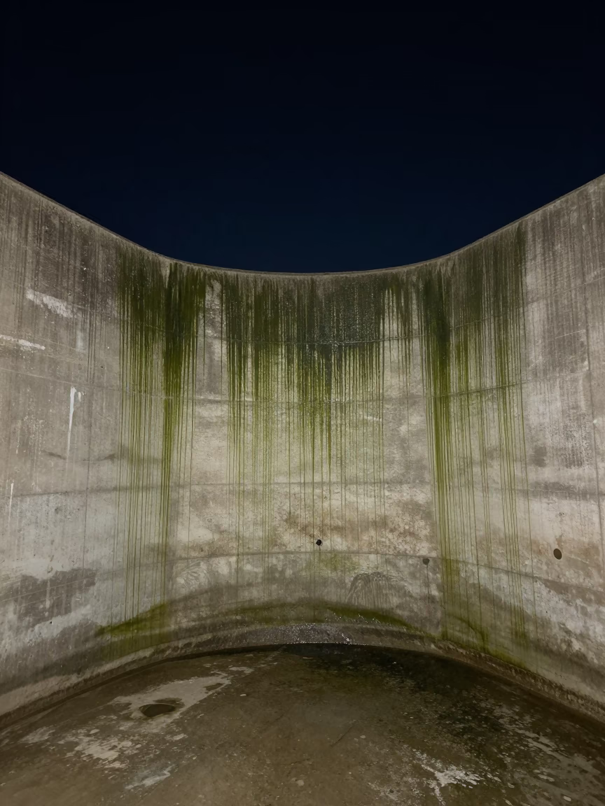 Nighttime Austin Texas Floodgate Chamber with Algae Streaked Concrete Walls Under Deep Sky in in Austin, Texas, United States