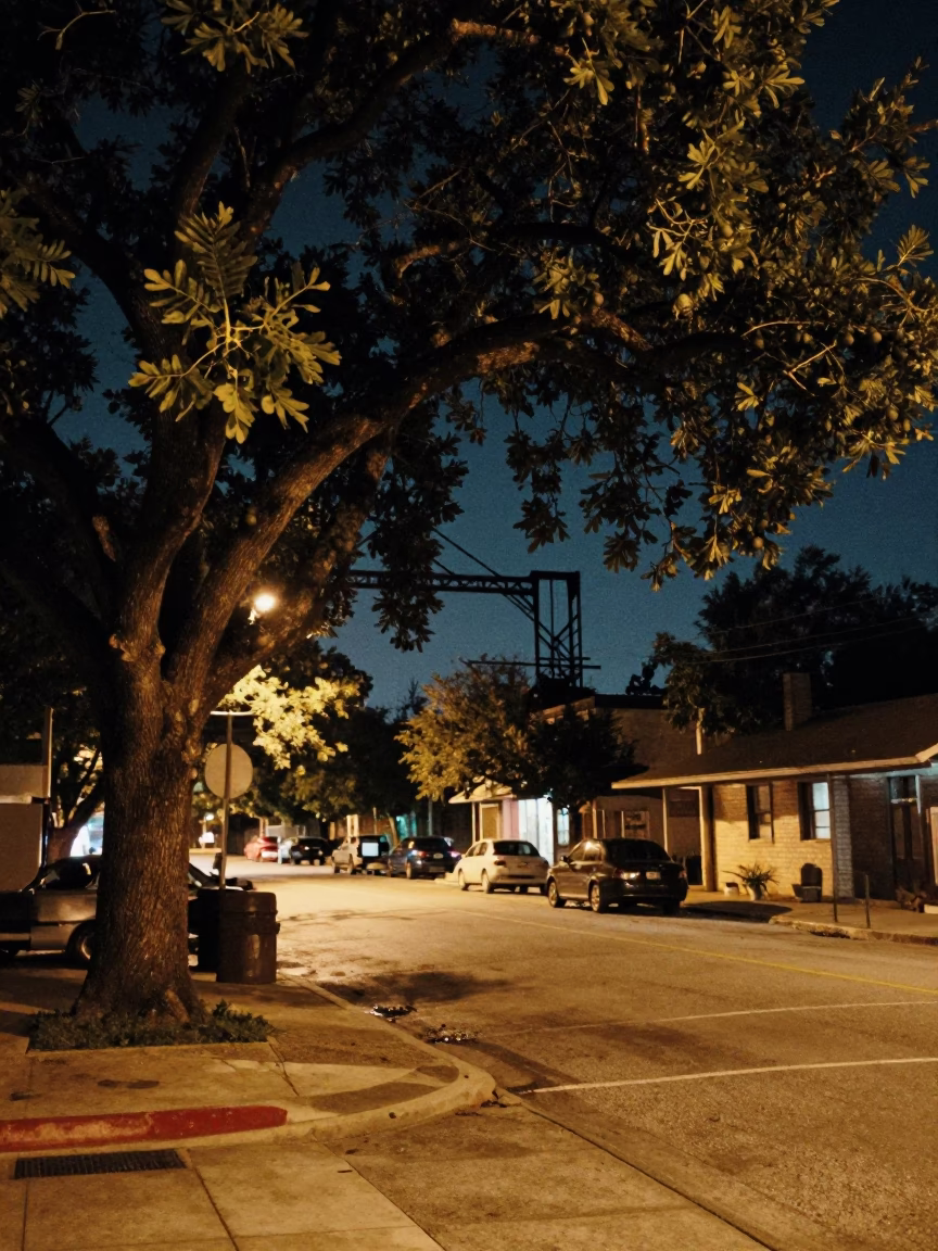 Nighttime Austin Texas Street Scene with Fig Tree and Steel Details in in Austin, Texas, United States