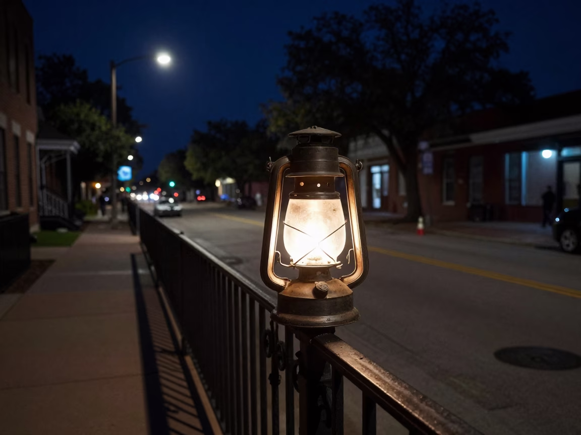 Nighttime Austin Texas Street Scene with Vintage Hurricane Lamp Illumination in in Austin, Texas, United States