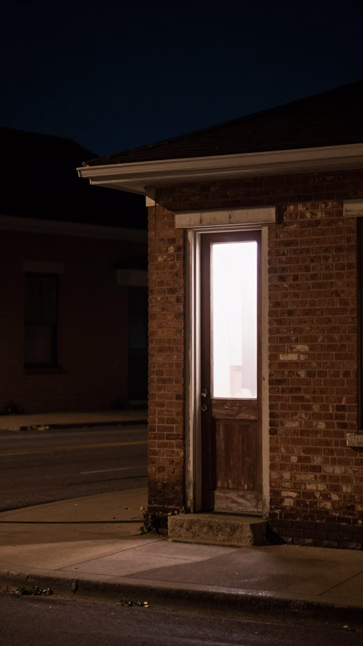Nighttime Austin Texas Street Scene with Window Light on Doorframe and Decanter in in Austin, Texas, United States