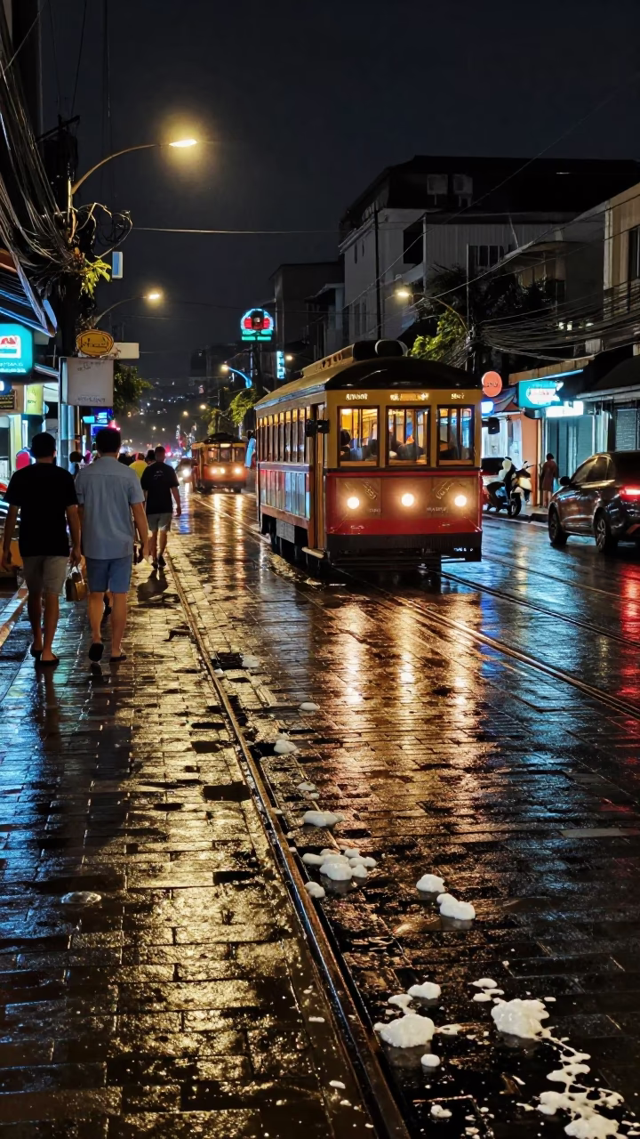 Nighttime Bangkok Street Scene with Brushed Steel and Soap Residue on Cobblestone in in Bangkok, Thailand