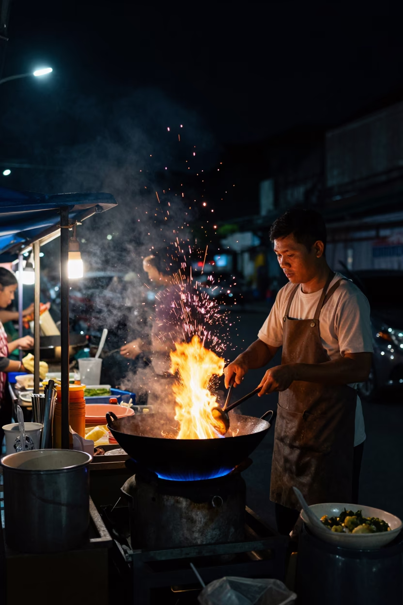 Nighttime Bangkok Street Scene with Food Vendor Wok Flames and Plastic Stools in in Bangkok, Thailand