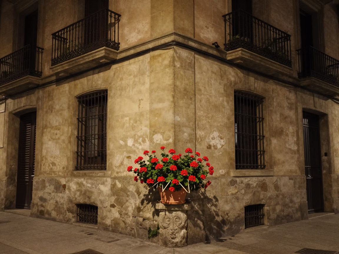 Nighttime Barcelona Street Corner with Geraniums and Stone Architecture in in Barcelona, Spain