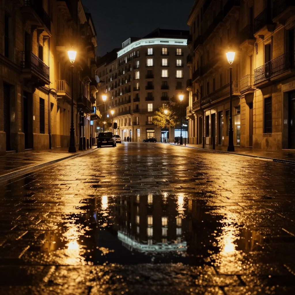 Nighttime Barcelona Street Reflections and Hotel Lights in the Rain in in Barcelona, Spain