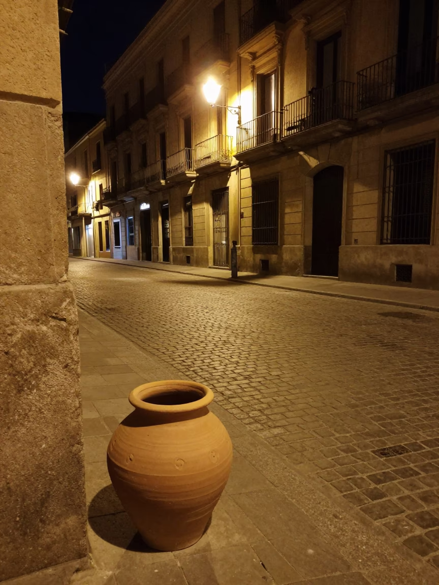 Nighttime Barcelona Street Scene with Clay Pot and Vintage Bicycle Rack in in Barcelona, Spain