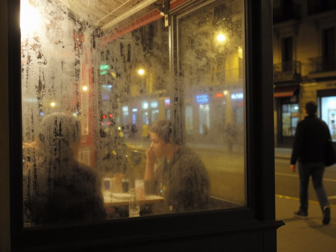 Nighttime Barcelona street scene with fogged window and glass tumbler in in Barcelona, Spain