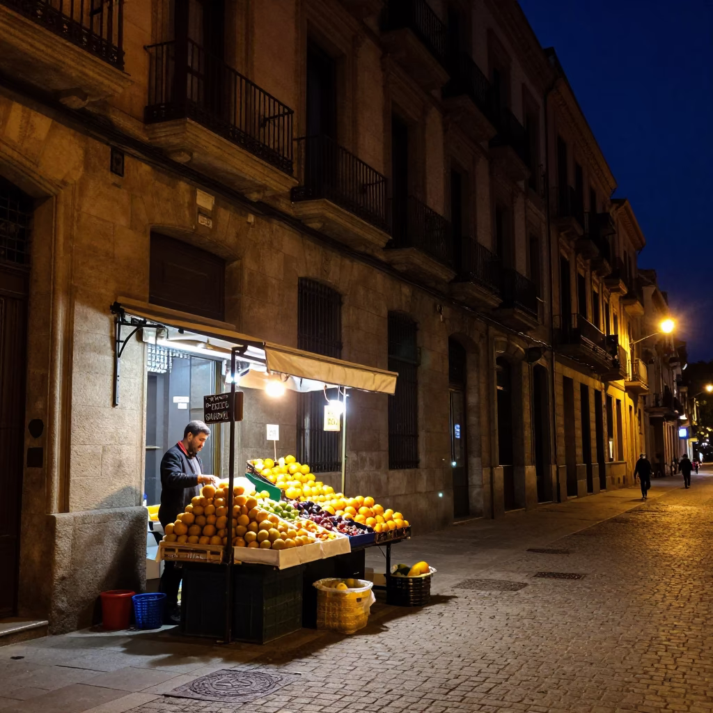 Nighttime Barcelona Street Scene with Fruit Vendor and Cobblestone Plaza in in Barcelona, Spain